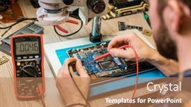  Presentation with soldering - Amazing slide set having young repairman holding two small soldering-irons while working with tiny details of broken tablet by table backdrop and a coral colored foreground