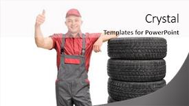  Presentation with tires - Theme with young repairman in a jumpsuit giving a thumb up and leaning on a stack of tires isolated on white background background and a white colored foreground