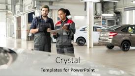  Presentation with using digital tablet - Audience pleasing PPT theme consisting of young-repairman-in-uniform-listening backdrop and a light gray colored foreground