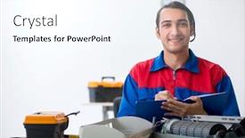  Presentation with warranty - Presentation design consisting of young repairman repairing air-conditioner at warranty center background and a sky blue colored foreground