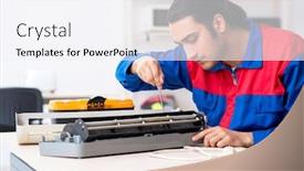  Presentation with warranty - PPT theme having young repairman repairing air-conditioner at warranty center background and a sky blue colored foreground