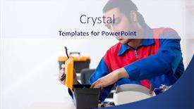  Presentation with warranty - PPT theme featuring young repairman repairing air-conditioner at warranty center background and a sky blue colored foreground