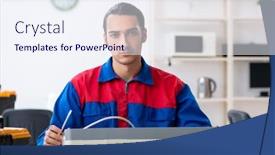  Presentation with warranty - Beautiful slide deck featuring young repairman repairing air-conditioner at warranty center backdrop and a sky blue colored foreground