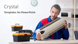  Presentation with warranty - PPT theme with young repairman repairing air-conditioner at warranty center background and a sky blue colored foreground
