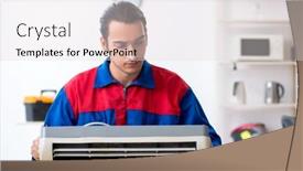  Presentation with warranty - Presentation theme consisting of young repairman repairing air-conditioner at warranty center background and a light gray colored foreground