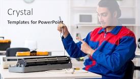  Presentation with warranty - Theme featuring young-repairman-repairing-air-conditioner background and a sky blue colored foreground