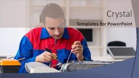  Presentation with warranty - Cool new slides with young-repairman-repairing-air-conditioner backdrop and a mint green colored foreground