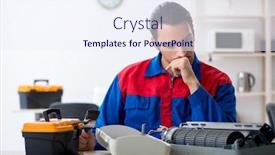  Presentation with warranty - Presentation theme with young-repairman-repairing-air-conditioner background and a sky blue colored foreground