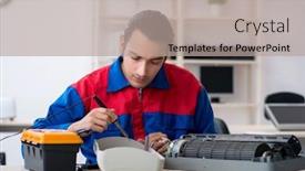  Presentation with warranty - Presentation design with young-repairman-repairing-air-conditioner background and a mint green colored foreground