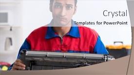  Presentation with warranty - Presentation featuring young-repairman-repairing-air-conditioner background and a sky blue colored foreground