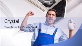  Presentation with air conditioning - Cool new theme with young repairman repairing ceiling air backdrop and a light blue colored foreground