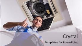  Presentation with air conditioning - Slide deck with young repairman repairing ceiling air background and a light gray colored foreground