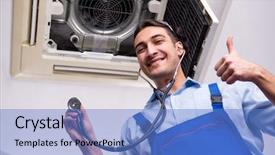  Presentation with air conditioning - Slide set consisting of young repairman repairing ceiling air background and a teal colored foreground