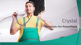  Presentation with air conditioning - PPT theme enhanced with young repairman repairing ceiling air conditioning unit background and a light gray colored foreground