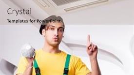  Presentation with air conditioning - Presentation theme consisting of young-repairman-repairing-ceiling-air background and a coral colored foreground