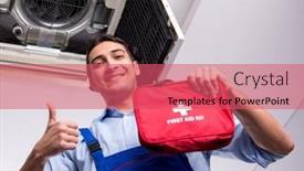  Presentation with air conditioning - Slide set having young-repairman-repairing-ceiling-air background and a coral colored foreground