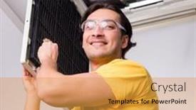  Presentation with air conditioning - Slide set featuring young-repairman-repairing-ceiling-air background and a gold colored foreground