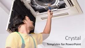 Presentation with air conditioning - PPT theme consisting of young-repairman-repairing-ceiling-air background and a sky blue colored foreground