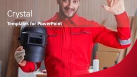  Presentation with welding - Amazing slide deck having young repairman with a welding backdrop and a coral colored foreground