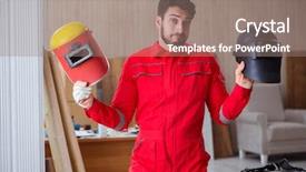  Presentation with micro electrode array - Beautiful PPT layouts featuring young repairman with a welding backdrop and a coral colored foreground