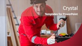  Presentation with micro electrode array - PPT theme enhanced with young repairman with a welding background and a coral colored foreground