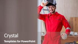  Presentation with gun - PPT layouts featuring young repairman with a welding background and a gray colored foreground