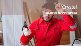  Presentation with micro electrode array - Beautiful PPT theme featuring young repairman with a welding backdrop and a coral colored foreground