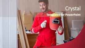  Presentation with micro electrode array - PPT layouts enhanced with young repairman with a welding background and a coral colored foreground