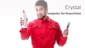  Presentation with glue - Colorful theme enhanced with young-repairman-with-paint-glue backdrop and a white colored foreground