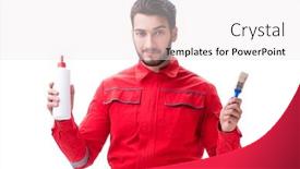  Presentation with glue - Presentation design with young-repairman-with-paint-glue background and a white colored foreground