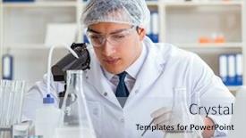  Presentation with water contamination - Slide set featuring young researcher scientist doing a water test contamination expe background and a light blue colored foreground