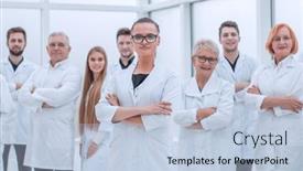  Presentation with covid 19 researcher - Slide set with young-researcher-standing-ahead background and a light blue colored foreground