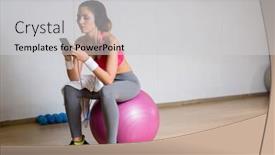  Presentation with tracks - Cool new PPT layouts with young restful female in sportswear sitting on fitball at break and listening to tracks from playlist in smartphone backdrop and a light gray colored foreground