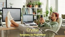  Presentation with monitor computer - Presentation theme featuring young-restful-it-engineer-sitting background and a violet colored foreground