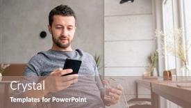  Presentation with scrolling - Presentation design enhanced with young restful man relaxing in cozy cafe having glass of water and scrolling or messaging in smartphone background and a coral colored foreground