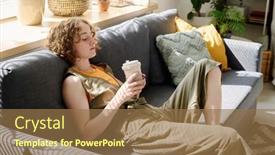  Presentation with cup coffee - Presentation theme consisting of young-restful-woman-in-casualwear background and a coral colored foreground