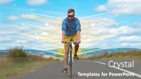  Presentation with bicycle - Amazing presentation design having young-riding-bicycle-in-fabulous backdrop and a gray colored foreground