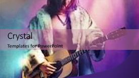  Presentation with concert - Presentation theme consisting of young rock musician in fur coat playing guitar at concert background and a coral colored foreground