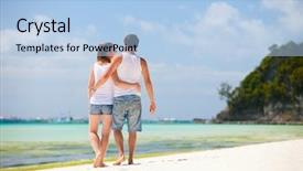  Presentation with romantic beach - PPT layouts with young romantic couple walking along background and a light blue colored foreground