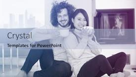  Presentation with cold coffee - Presentation theme with young romantic multiethnic couple sitting on the floor in front of fireplace at home talking and drinking coffee at cold winter day background and a light blue colored foreground
