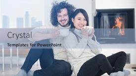  Presentation with cold coffee - Presentation design having young romantic multiethnic couple sitting on the floor in front of fireplace at home talking and drinking coffee at cold winter day background and a light blue colored foreground