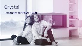  Presentation with cold coffee - Cool new presentation design with young romantic multiethnic couple sitting on the floor in front of fireplace at home talking and drinking coffee at cold winter day backdrop and a sky blue colored foreground