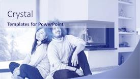  Presentation with cold coffee - Beautiful slide set featuring young romantic multiethnic couple sitting on the floor in front of fireplace at home talking and drinking coffee at cold winter day backdrop and a sky blue colored foreground