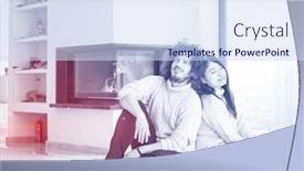  Presentation with cold coffee - Audience pleasing presentation design consisting of young romantic multiethnic couple sitting on the floor in front of fireplace at home talking and drinking coffee at cold winter day backdrop and a sky blue colored foreground