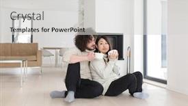  Presentation with cold coffee - Colorful PPT theme enhanced with young romantic multiethnic couple sitting on the floor in front of fireplace at home talking and drinking coffee at cold winter day backdrop and a light gray colored foreground
