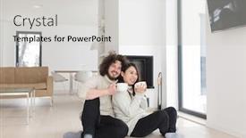  Presentation with cold coffee - Slides with young romantic multiethnic couple sitting on the floor in front of fireplace at home talking and drinking coffee at cold winter day background and a light gray colored foreground
