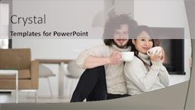  Presentation with cold coffee - Presentation consisting of young romantic multiethnic couple sitting on the floor in front of fireplace at home talking and drinking coffee at cold winter day background and a light gray colored foreground