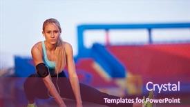  Presentation with woman runner - Cool new PPT theme with young runner sporty woman relaxing and stretching on athletic race track backdrop and a violet colored foreground