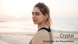  Presentation with woman runner - Cool new PPT theme with young runner woman smiling happy resting after jogging training on beach at sunset backdrop and a soft green colored foreground