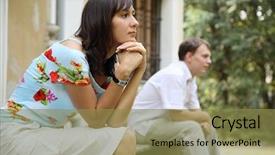  Presentation with steps - Amazing PPT theme having young sad woman and man sitting on marble steps in park selective focus backdrop and a gold colored foreground
